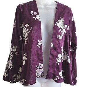 Boho Satin Dark Floral Purple Kimono Whimsigoth Topper Layer Size 00/0